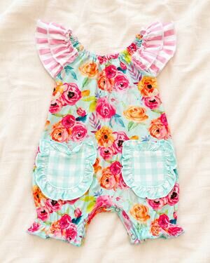 Clover Cottage 0-6M Baby Girl Floral Ruffle Romper Gingham Pockets Boutique